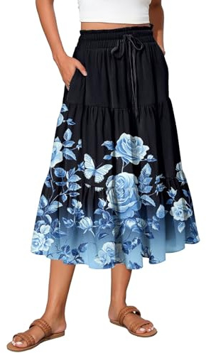 Midi Rock Damen Sommerrock Leicht Und Luftig Boho A Linie Faltenrock Knielang Röcke Mit Blumendruck Tellerrock Casual Hohe Taille Midirock Mit Taschen Gummizug Damenrock M