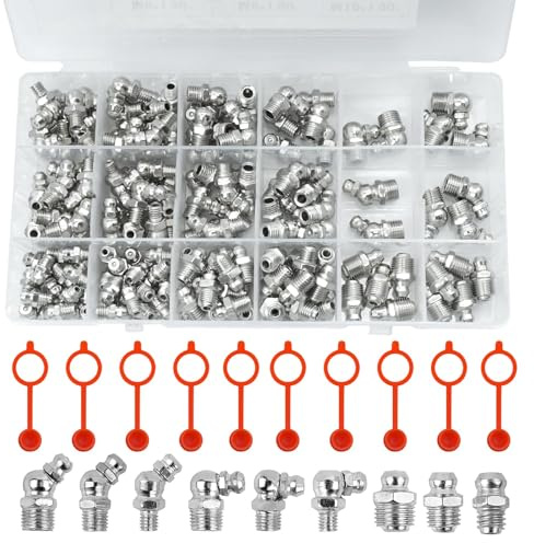 JASFLY 200 Stück Schmiernippel Sortiment Set M6 M8 M10 für Fettpresse, Schmiernippel Gerade und Abgewinkelt 45 ° 90 ° 180 ° mit Aufbewahrungsbox mit Kunststoff Fettfitting Kappe für Schmierpressen