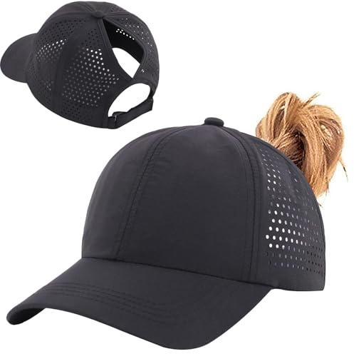 Enwokran Damen-Baseballkappe mit Pferdeschwanz, Verstellbare Unisex-Pferdekappe mit hohem, Unordentlichem Dutt, Schnelltrocknende Outdoor-Mützen aus Netzstoff mit Ponylochschlaufe (Schwarz)