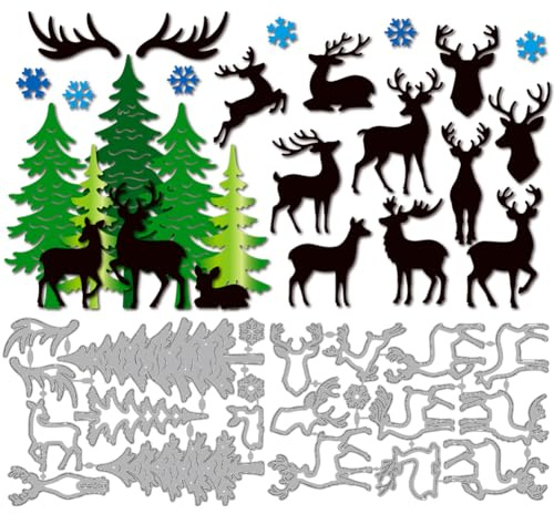 MAYJOYDIY Hirsch Kiefernmotiv Metall Stanzformen Waldtier Geweih Stanzschablonen Winter Schneeflocken Carbon Steel Prägeschablone Für Die Kartenherstellung, Fotodekorpapier, Scrapbooking