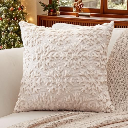Artscope 1er Set Wolle Kissenbezüge Weicher Plüsch Kurzer Wollsamt Dekokissenbezuge Weihnachten Sofakissen Europäische Kissenhülle für Sofa Schlafzimmer Schneeflocke Creme Beige, 50x50cm