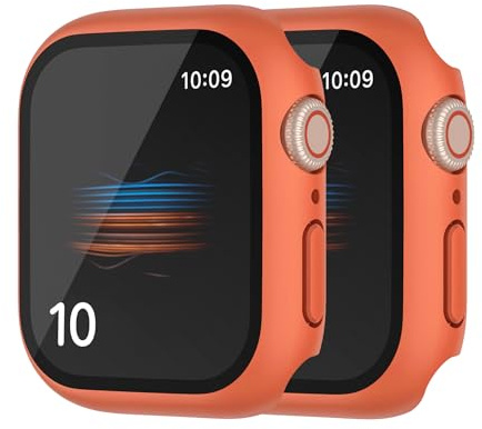 HANKN 2 Piezas Duro Funda para Apple Watch Series 6 5 4 SE 44mm Protector de Pantalla Vidrio Templado Funda, Cobertura Completa Claridad Resistente Arañazos Estuche (Naranja x 2, 44mm)