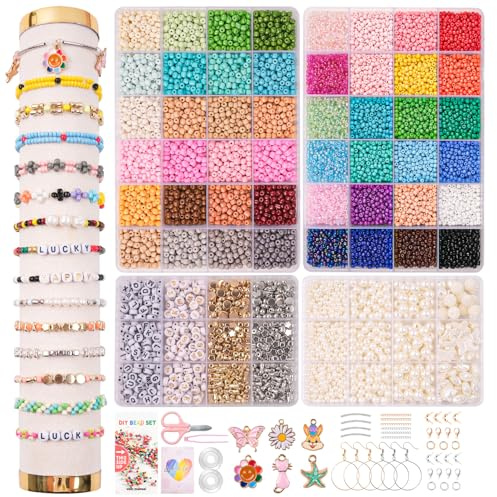 OIOYCLG selber machen 3mm+4mm Perlen für Armbänder Schmuck Set Perlen zum Auffädeln, Mit Buchstaben und Niedlich Anhänger,Geschenke für Erwachsene & Kinder für Weihnachtsferien,Geburtstags,Partys