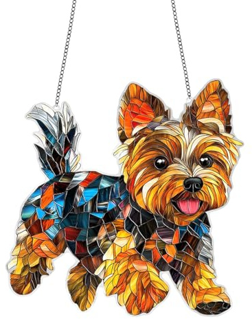 HUVZOR 1 Stück Hängende Fensterdeko Hund Buntglas Deko, Kolibri-Sonnenfänger Zum Aufhängen an Fenstern, Hund-Anhänger aus Acryl mit Kette, Fensterbehang Fenster Türen Deko Für Zuhause Studio（03）