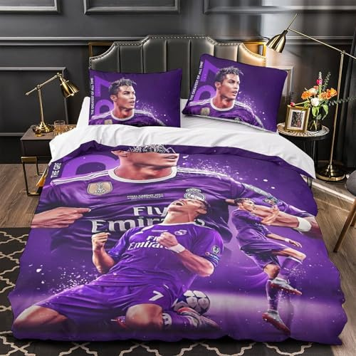 ZIMONJO Ronaldo Bettbezug Set Bettwäschegarnitur Mädchen Junge Kinder 3D Gedruckter Fußball Weich Microfaser Und Kissenbezüge Reissverschluss Bettwäsche 2 Teilig Single（140x200cm）