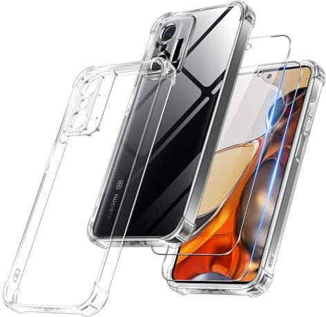 Vauki per Xiaomi 11T 5G / Xiaomi 11T Pro 5G Chiaro Cover con 2 Pezzi Pellicola in Vetro Temperato, Custodia Antiurto Trasparente con Paraurti in TPU, Morbido Sottile Anti Ingiallimento Case