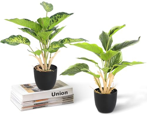 NUTKIT 2 Piezas Plantas Artificiales con Macetas, Plantas Falsas Simples | Fácil de Cuidar, para Interiores Exteriores Hogares Oficinas Jardines Escritorios, Verde Oscuro