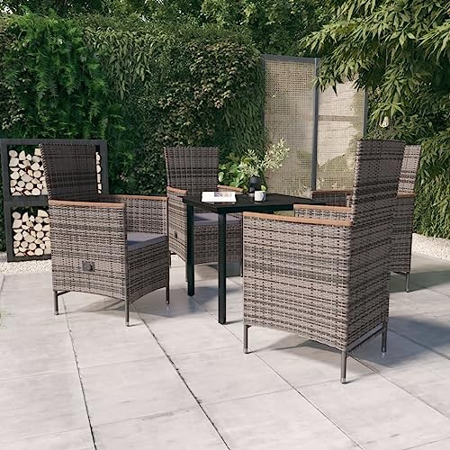 Tonture 5-TLG. Garten-Essgruppe mit Kissen Grau, verstellbare Rattan Sessel, Glastisch, pulverbeschichteter Stahlrahmen, für Terrasse, Balkon, Außenbereich