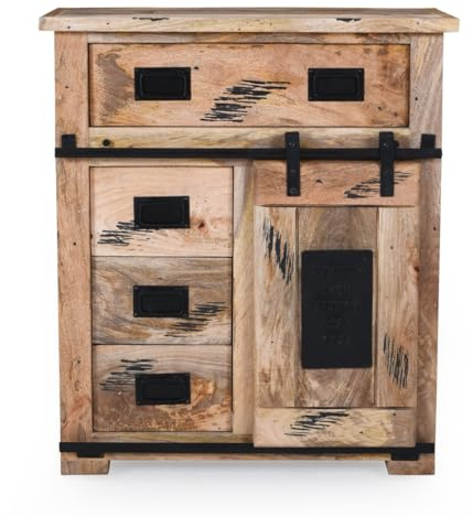 Liadomo Sideboard Garbi, 75x85x35cm, Kommode, Mangoholz, Massivholz, naturfarben, Metallapplikationen und Griffe schwarz, Rolltüren, Schubladen, Industrial-Style, Vintage-Look, gewachst, lackiert