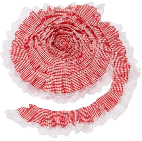 GORGECRAFT Ruban en Mousseline à Carreaux de 5 mètre Bordure en Dentelle Plissée à Volants de 1.6cm Ruban en Maille Froncée à Carreaux Applique en Tulle Rouge Brodé pour la Couture DIY