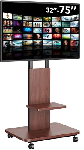 JXMTSPW Soporte de TV enrollable con estante de madera, soporte para televisión con ruedas para televisores de 32 a 75 pulgadas, altura regulable, orientable, hasta 60 kg máx. VESA 600 x 400 mm (negro