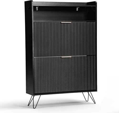 LEADZM Schuhschrank Schmal,Schuhkipper 80x24x120cm Schwarz | mit 2 Flip-Schubladen Schuhregal für den Eingang, Flur, Wohnzimmer