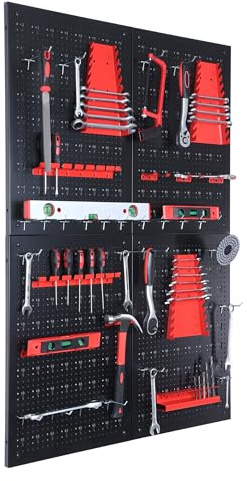 Relaxdays Werkzeugwand, 4 Lochwände, 39-TLG. Zubehör, HxB: 60 x 40 cm, Metall, Werkzeuglochwand, Werkstatt, schwarz/rot