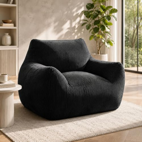 Sitzsack Erwachsene mit Füllung, Cord Bean Bag Sessel mit Rückenlehne, großer Lounge Sessel als Gaming Sitzsack und Bodensessel für Wohnzimmer, Schlafzimmer und Jugendzimmer, 80 x 73 x 80 cm, Schwarz