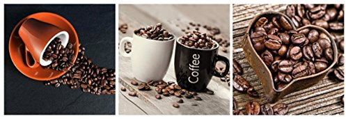 levandeo Glasbild 3er Set je 30 x 30 cm Wandbild Glas Küche Tasse Kaffeebohnen Coffee Herz Deko
