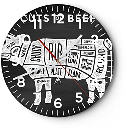 Modern Wanduhr Kuh Rindfleisch Kochen Grafik 40x40cm Rund Groß Wand Uhr Glas Analog Zimmeruhren Küche Büro Wohnzimmer Glasuhr Wall Clock Dekoration Design Wanddekoration Küchenuhr C4AR40x40-3156