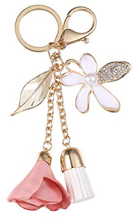 Fenical Quaste Schlüsselanhänger Schlüsselbund Kristall Taschenanhänger mit Blume Blätter für Schlüssel Handtasche Taschen Geldbörse Rucksack Anhänger Zubehör (Rosa)
