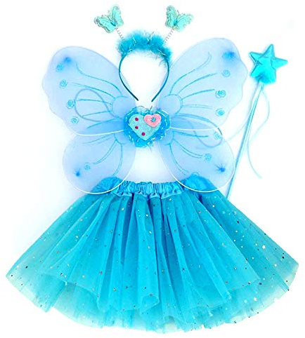 EQLEF Costume da fata per bambini, ali di farfalla blu, tutù e fascia, dimensioni: ala circa 41,9 x 34 cm, ragazze 3-6 anni