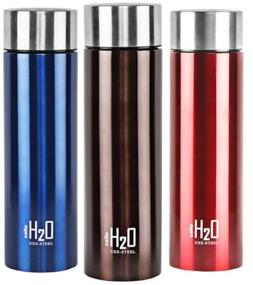 Cello H2O Stainless Steel Water Bottle Set, 1 Litre, Set of 3, Assorted