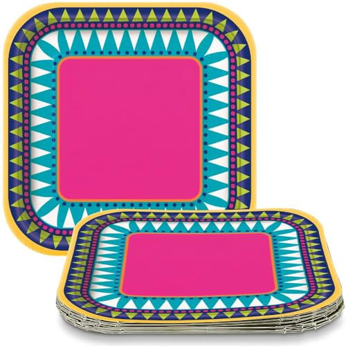 Boho Fiesta Square Dessert Plates(17cm) - Vibrant Colors & Unique Design Party Plates | Perfect for Celebrations, Picnics & More - 10ct, Nylon/a