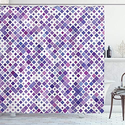 ABAKUHAUS Retro Duschvorhang, lila Retro, Stoffliches Gewebe Badezimmerdekorationsset mit Haken, 175 x 180 cm, Violett Weiß Lila