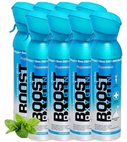 Boost Oxygen - Botella de Oxígeno Portátil - Lata de Oxigeno 95% Puro y Natural - Concentración, Recuperación, Energía, Estado de Ánimo, Mediano - 40L, 8x5L (8x Envases - 800 Inhalaciones) - Menta