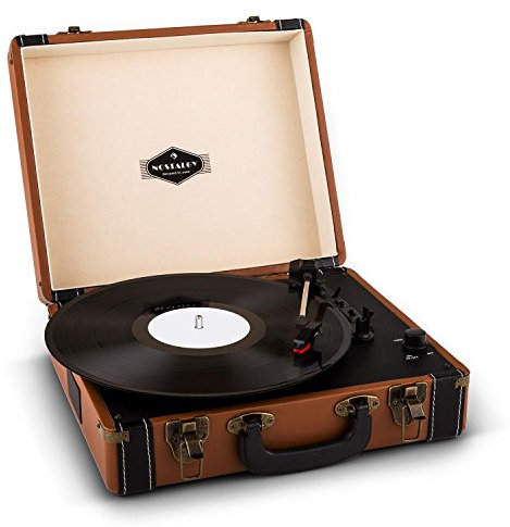 Auna Jerry Lee - Tocadiscos Vintage Con Altavoces Estéreo, 3 Tamaños de Vinilo, USB, Digitalización, MP3, 3 Velocidades (33/45/78 RPM), Salida RCA, Asa, Marrón