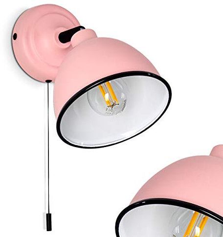 Wandleuchte Catharine, verstellbare Wandlampe aus Metall in Rosa/Weiß/Schwarz, 1-flammig, 1 x E14-Fassung, Wandspot im Retro-Design, mit Zugschnur zum An-/Ausschalten, ohne Leuchtmittel