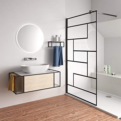 Walk In Parete Per Doccia Vetro Temperato 8mm Anticalcare Serigrafato Nero con Riquadri Barra Stabilizzatrice da 90cm Nero Opaco 120x200cm