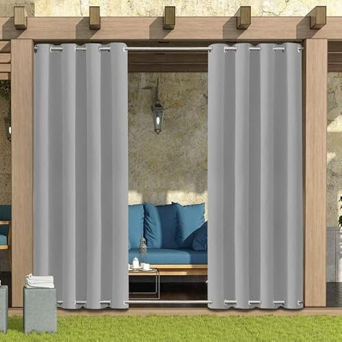 Outdoor Curtains for Garden Patio Gazebo Pergola,Waterproof,Windproof,Blackout Thermal Insulated Double Grommet(Top and Bottom) Outdoor Curtains for Garden Patio Door(4 Panels,52*94,Light Grey)