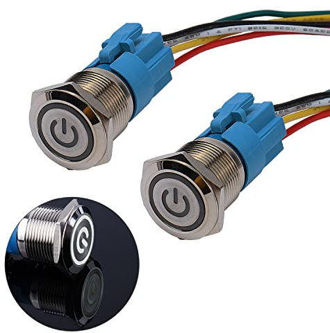 JIQI 2× 19mm Selbstsperrend Metall Druckschalter 12V bis 24V 3A Latching EIN/AUS Schalter mit weißem LED Symbol IP66 1NO1NC Rastende wasserdichte vorverdrahte Drucktastenschalter für Boot LKW RV Auto