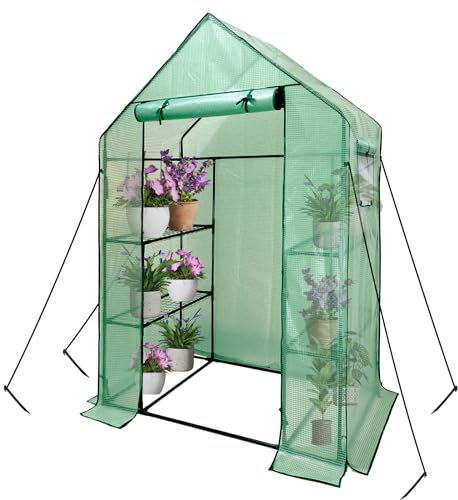 Grandhom Camminare in Serra da Giardino 3 livelli con 6 Ripiani,Serra per Pomodori Esterni, con copertura in PE rinforzata, porte e finestre avvolgibili, struttura in acciaio, verde, 143x73x195cm