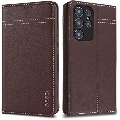 Hülle Echt Leder für Samsung Galaxy S22 Ultra 5G - Premium Echte Lederhülle mit Standfunktion und Kartenfach Flip Case Ledertasche Handyhülle Schutzhülle Klapphülle – Braun