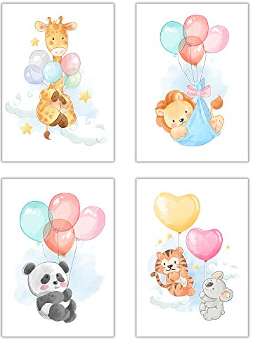 Poster Kinderzimmer Bilder Deko Babyzimmer 4er Set Zoo Tiere Löwe Tiger Giraffe Panda Koala Für Kinder