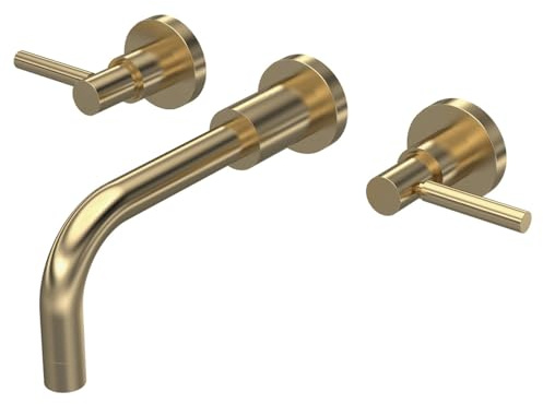 Hudson Reed TEL817 Tec Lever Modern Bathroom Lever Wall Mount 3 Tap Hole Basin Mixer Tap, 320mm, Brushed Brass
