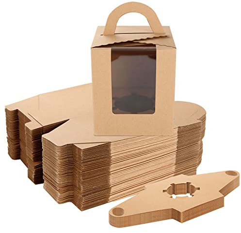 JMIATRY 100 Pcs Individual Cupcake Boxes, 9.5x9.5x11cm Cupcake Boxes Single with Inserts, Kraft Paper Bakery Boxes with Window and Handle for Bridal Showers, Weddings and Birthday Party