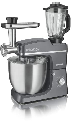 HEINRICHS 3 in 1 Universal Küchenmaschine, Küchengerät 1500W, 6 Geschwindigkeitsstufen, Multifunktionale Knetmaschine mit Fleischwolf, 1.5L Mixerbehälter, XXXL 10L Edelstahlschüssel (Grau)