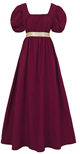 HEQU Regency Dresses for Women with Satin Sash Ruffled Puff Sleeve Empire Waist Dress Gown, Dark Red, M