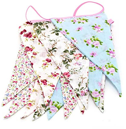 Pack of 2 Ditzy Floral Fabric Bunting Double Sided Flags | 12 Pennant Cotton Bunting Garland Banner Party Bunting | Shabby Chic English Country Garden Vintage Style Floral Bunting Decoration - 3m