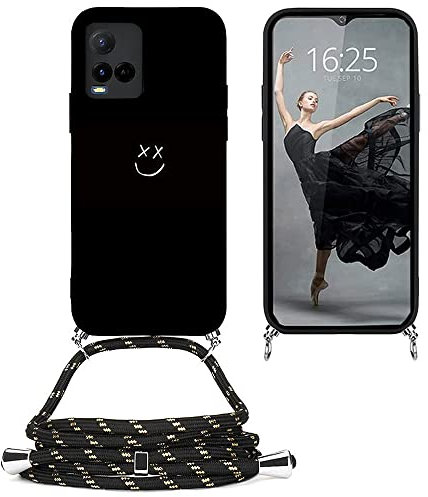 EuoDuo Kompatibel mit vivo Y21 / vivo Y21s / vivo Y33s Hülle mit Band Handyhülle Handykette Schwarz Silikon Muster Motiv Schutzhülle Kordel zum Umhängen Necklace Halskette Cover - Lächeln