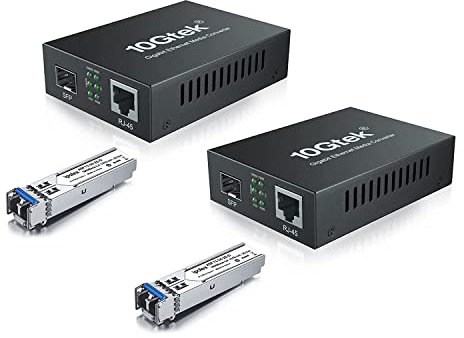 ipolex Convertisseur de média Gigabit Ethernet, convertisseur de média à fibre optique de port SFP 1,25G, convertisseur de média LC monomode à émetteur-récepteur SFP-LX(1310nm, 20km@OS1OS2SMF). 2-Pack