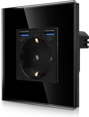 CNBINGO Einzelsteckdose mit 2× USB Anschluss (2 Typ-A total Max.2,1 Amp) - Einfach Glas Schuko Steckdose Unterputz - Schwarz Wandsteckdose mit Kindersicherung