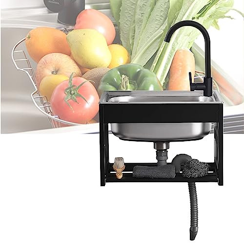 Évier De Cuisine Lavabo À Une Cuve Commercial avec Etagère De Rangement, Élégant Moderne Professionnel Évier 1 Bac en Acier INOX, Mural Lavabo avec Robinet Chaud Et Froid Rotatif À 360 °