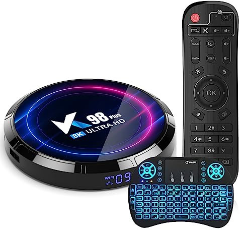 CHROX Android 13.0 TV Box, 2023 K98 PLUS Quad-Core 64 Bits 4GB RAM 64GB ROM 8K 2.4Ghz/5.8Ghz Wifi 6 Ethernet LAN BT5.0+ HDR 10+ USB 3.0 with Mini Wireless Backlit Keyboard,2GB+16GB