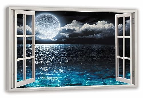 HUBDECO Leinwandbild Fensterblick Mondmeer Bild 120x80 cm - Landschaftsbilder auf Leinwand - Wandbilder Wohnzimmer - Bild Fenster mit Ausblick - Aesthetic Room Decor - Wanddeko Schlafzimmer