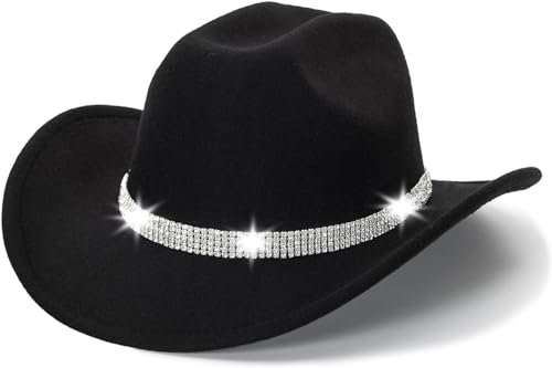 Klassischer Westernhut für Damen und Herren, Cowgirl-Hut, breite Krempe, Outdoor-Fedora-Hut mit Schnallengürtel (AS1, Alpha, Einheitsgröße, Schwarz), Schwarz, 7