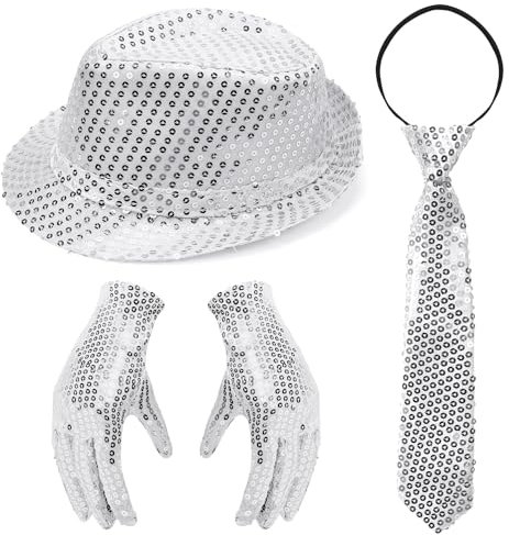 70er Jahre Disco Karneval Outfit Herren Accessories 3 Stück, Pailletten Hut Sliver Set mit Glitzer Krawatte und Fäustling Herren für Fasching Party,Jazz Dance Performence