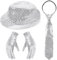 70er Jahre Disco Karneval Outfit Herren Accessories 3 Stück, Pailletten Hut Sliver Set mit Glitzer Krawatte und Fäustling Herren für Fasching Party,Jazz Dance Performence