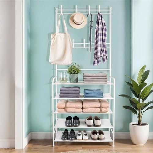 BELLE VOUS Meuble Chaussure Porte Manteau Blanc à 5 Étages - Étagères de Rangement pour Chaussures - Meuble Porte-manteau et Chaussures avec 8 Crochets - Meuble d’Entree, Couloir, Chambre & Bureau