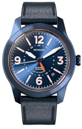 DeTomaso AVIATORE Automatic GMT Blue ORANGE Blau Orange Herren Armbanduhr Analog Automatik Leder Armband Blau